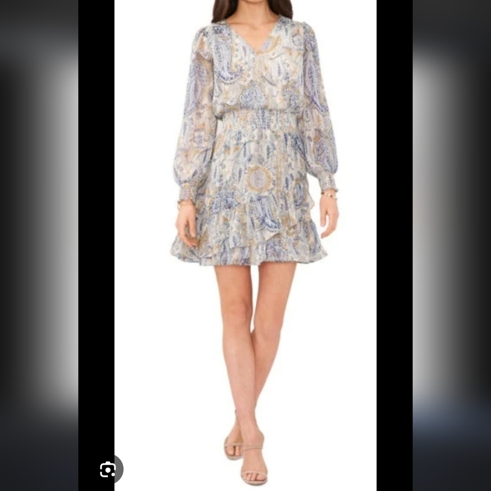 New Vince Camuto Crossover Long Sleeve Dress Women's L Cream Multi Smocked Waist